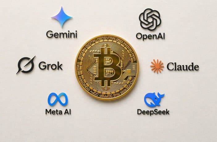 Vor weißem Hintergrund sieht man in der Mitte eine goldene Bitcoin-Münze. Um die Münze herum sind die Logos mehrerer KI-Unternehmen, wie OpenAI oder Claude.
